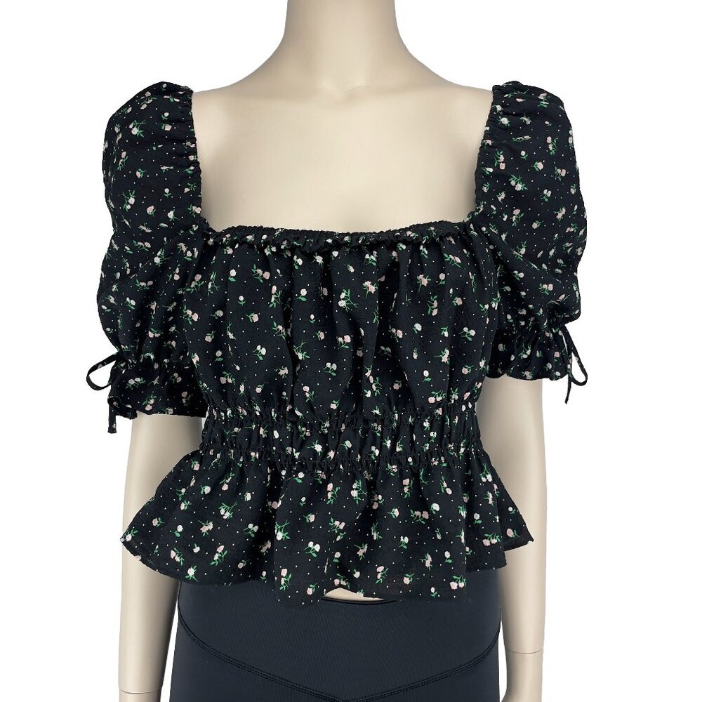 DIVIDED Peplum Peasant Whimsigoth Floral Puff Shoulders Ruched Black Top Sz S
